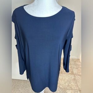 Anne Klein Navy Cold Shoulder 3/4 Sleeve Slinky Stretchy Blouse Sz L